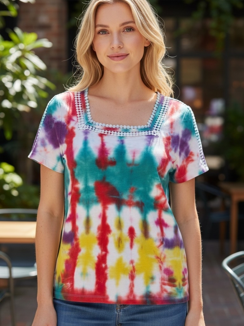 Lillylou's Lucky Finds New Square Neck Tie-Dye Short Sleeve Tee in Multicolor